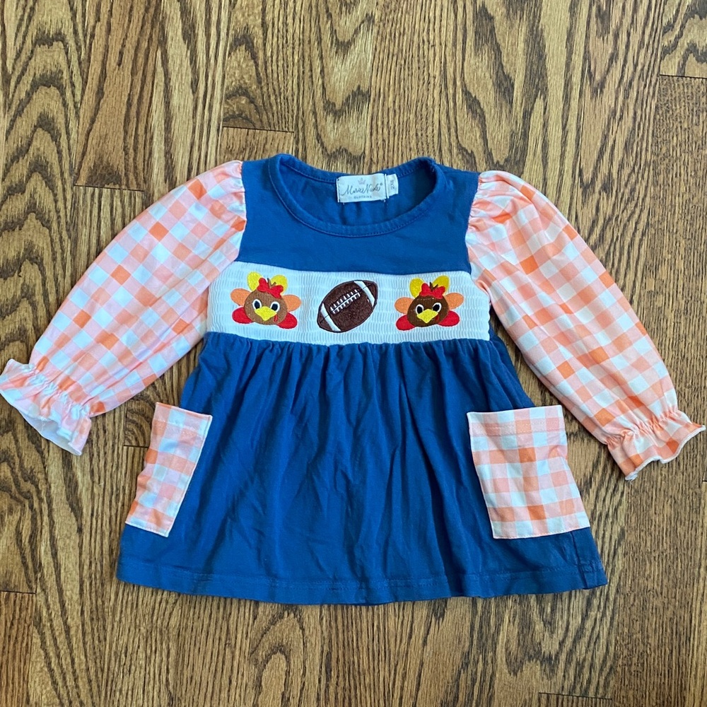 Blue with orange/white check sleeves football/turkey ruffle shirt, size 12-18 M - Picture 1 of 12